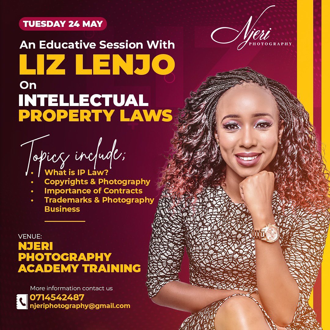 <a href="/Njeriphotograph/">Njeri photography</a> has been on the frontline ensuring Kenyan youths are equipped with proper photography skills for the African market.
Join <a href="/Njeriphotograph/">Njeri photography</a> on Tuesday 24 May with  <a href="/LizLenjo_Kags/">Liz Lenjo</a> as they enlighten us on Intellectual Property Laws.