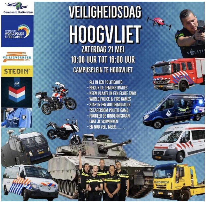 🚒🚓🚑#Veiligheidsdag zaterdag 21 mei (10-16 u) #Campusplein #Hoogvliet #Handhaving #Politie #Brandweer #Ambulance #KoninklijkeMarechaussee 
#Defensie en veiligheidsdiensten staan klaar om je te ontmoeten. Doe mee met de vele activiteiten. Tot dan!
#Demonstraties
#Voorlichting^OS