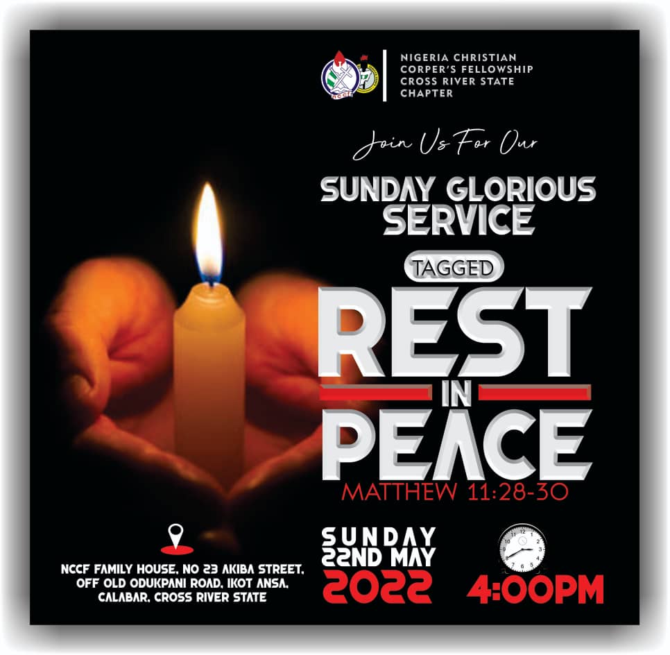 nccfcrossriver's tweet photo. Join us this Sunday as God's servant shares the undiluted word of God and show us the mystery of the age to come on the topic REST IN PEACE.

#NccfcrossriverStateChapter 
#Nccfnational 
#Nccfcrossriver
#JesusCorper
#ManifestingKingdom
#VictoryandPeace https://t.co/BxomO0Ntqs