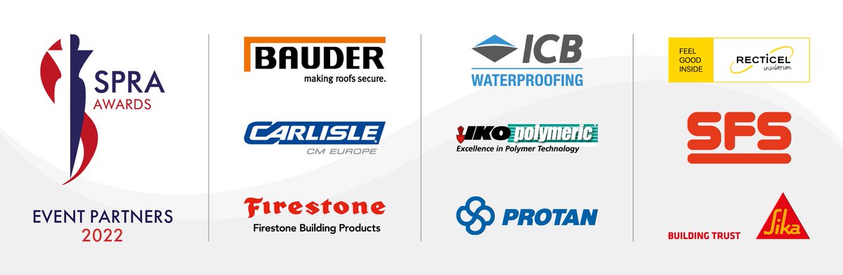 SPRA is proud to announce our Event Partners for this years SPRA Awards and Luncheon.
<a href="/BauderLtd/">Bauder Flat Roofs</a> 
<a href="/CARLISLE_CM_UK/">CARLISLE_CM UK</a>
<a href="/FirestonebpUK/">FirestonebpUK</a>
<a href="/icb_uk/">ICB Waterproofing+</a>
<a href="/ikopolymeric/">IKO Polymeric</a>
@ProtanUKLtd
@RecticelInsulUK
<a href="/SikaLimited/">Sika UK</a>
 #ProtanUKLtd #SFSGroup   
Tickets available here: tickettailor.com/events/spraawa…