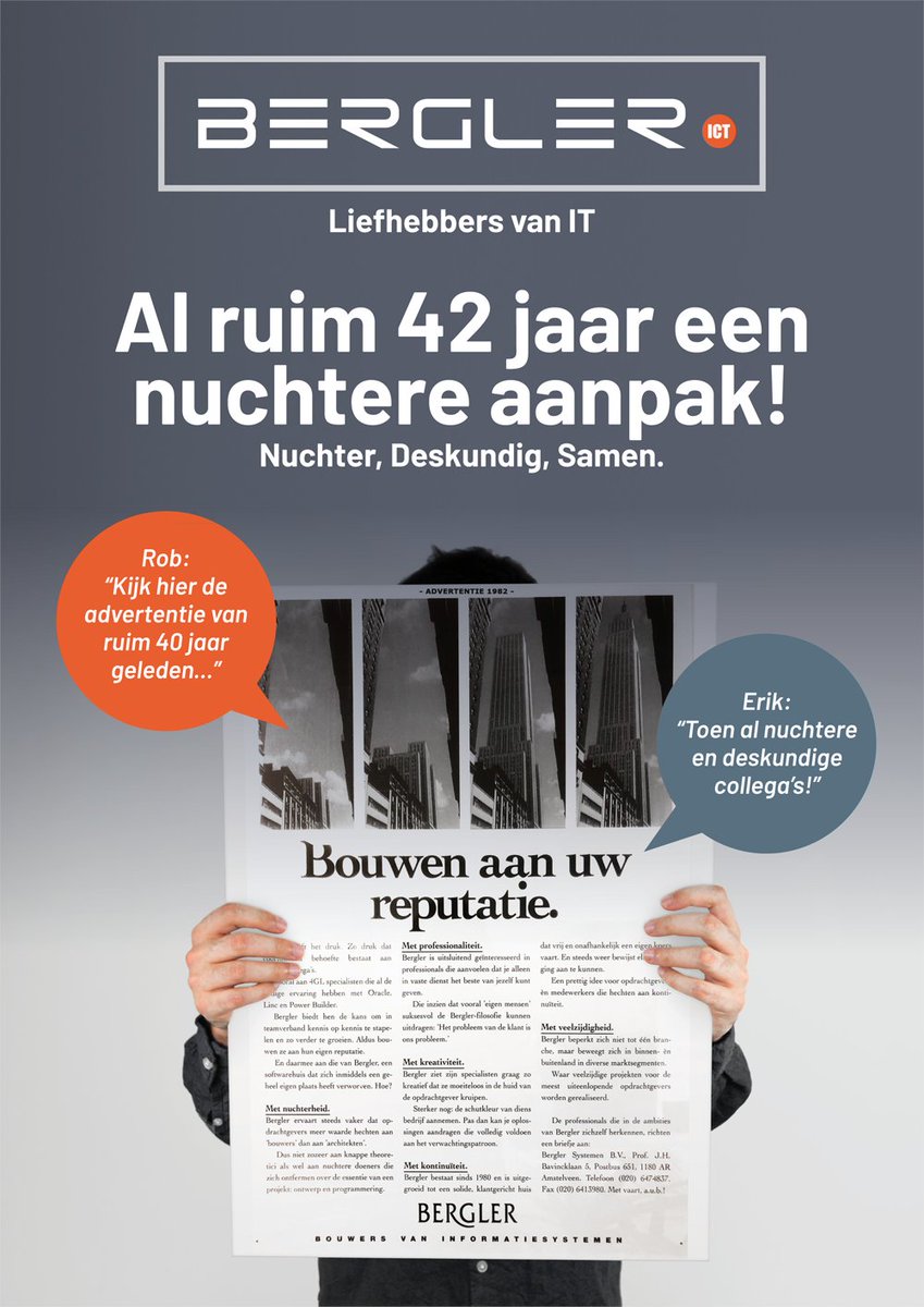 Deze maand bestaat Bergler ICT precies 42 jaar. Met heel veel dank aan alle (oud-) collega’s en opdrachtgevers die dit mogelijk hebben gemaakt! Al ruim 42 jaar actief als liefhebbers van IT: Nuchter, Deskundig en Samen! bergler.nl/over-bergler/