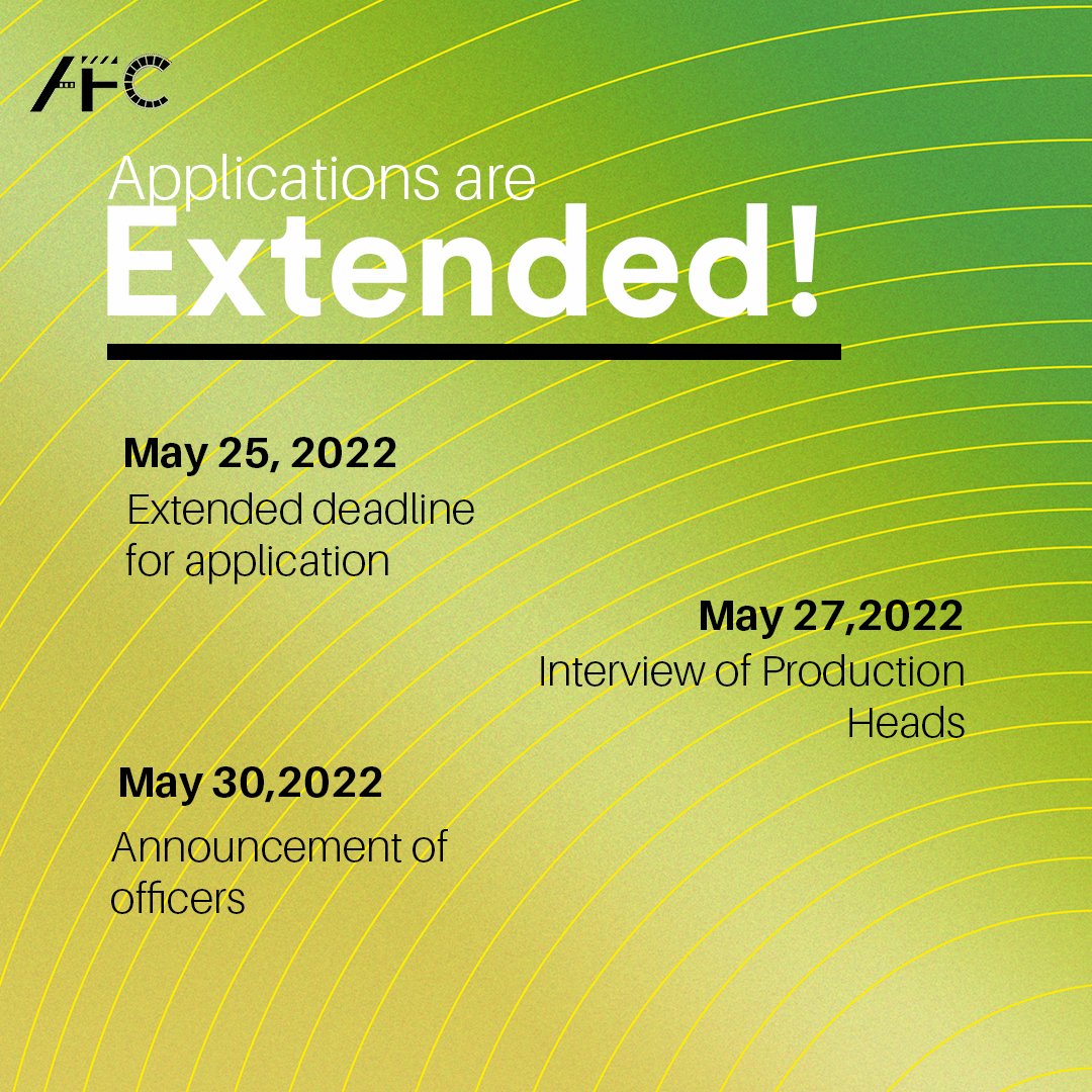 addu_afc's tweet photo. Ateneans! We are delighted to announce that the Ateneo Film Circle will extend the recruitment season for the available positions in the executive board.
Together, let's visualize reality for the next academic year!
#VisualizeReality https://t.co/HHCUfOUoji