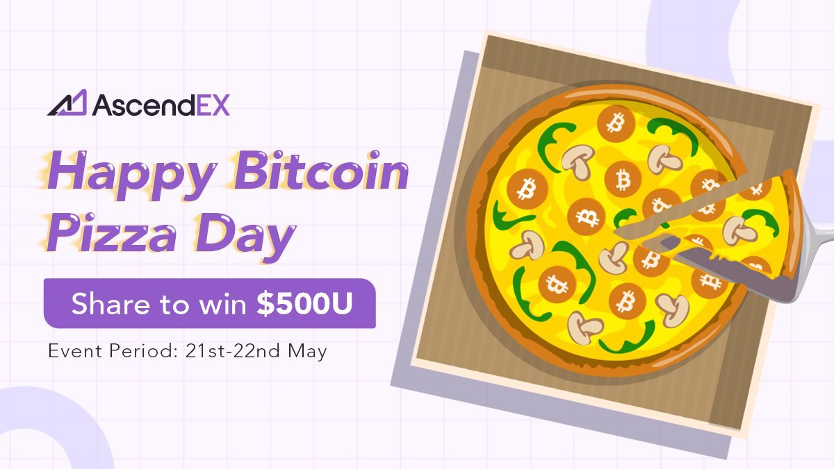 AscendEX_India's tweet photo. 🎉Happy Bitcoin Pizza Day🎉

🎁Share to win $500 USDT!

✅Follow @AscendEX_India
✅Comment with 'Happy Bitcoin Pizza Day from #AscendEX' and share the picture of your favorite pizza
✅RT and Tag 3 friends

💰$5 each for 100 lucky winners https://t.co/Hjx1KAu34d