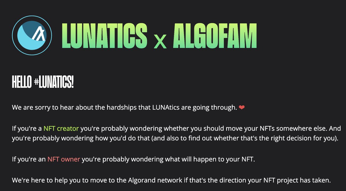 PoppinPuffins's tweet image. 🚨ALPHA🚨

NOW #Algorand is helping #LUNAtics and #TerraNFT communities to migrate their collections for free!

⚡️Tools to make migration easy for creators &amp;amp; owners 
💰Paying mint costs
🧑‍🎓Support + education

Join #Algofam!!

LearnMore👇
migrate.algorand.foundation

@AlgoFoundation
