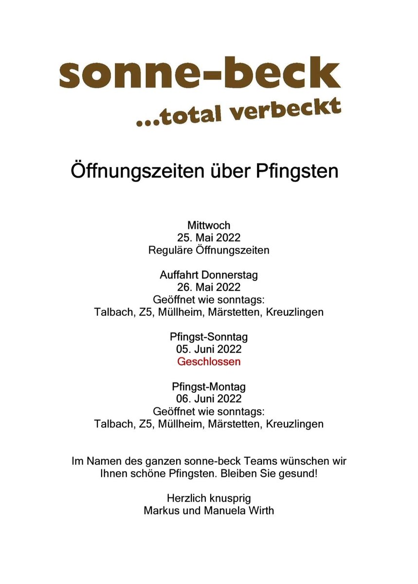 sonnebeck's tweet photo. Unsere #Öffnungszeiten über #Auffahrt und #Pfingsten https://t.co/Bphloo6H9T