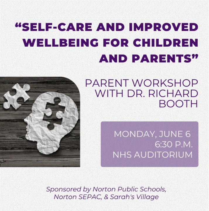 On June 6 at 6:30pm in the NHS auditorium there will be a parent workshop with Dr. Richard Booth that addresses the multiple spheres of life impacted by stress, anxiety &amp; trauma. Parents will develop skills for identification, management, coping, &amp; supporting themselves &amp; others.