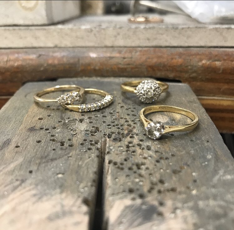 The diamonds from four much loved rings have been removed and re-set into two new special rings as the original yellow gold rings were causing an allergic reaction to the skin. Although the gold won’t be re-used at this point in the process, the diamonds have a new lease of life.
