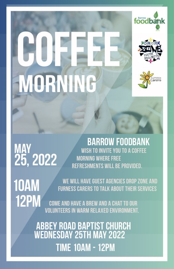 Carer Support Furness (@carersupfurness) on Twitter photo We're at <a href="/BarrowFoodbank/">Barrow Foodbank</a> next Wednesday along with our good friends from Dropzone, why not come along & have a cuppa with us all. We're at <a href="/BarrowFoodbank/">Barrow Foodbank</a> next Wednesday along with our good friends from Dropzone, why not come along & have a cuppa with us all.
