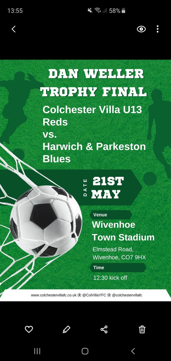 The U13 Reds face Harwich &amp; Parkeston Blues tomorrow in the Dan Weller Trophy. 

12:30 kick off at Wivenhoe Town. 

Please come along to support the boys!