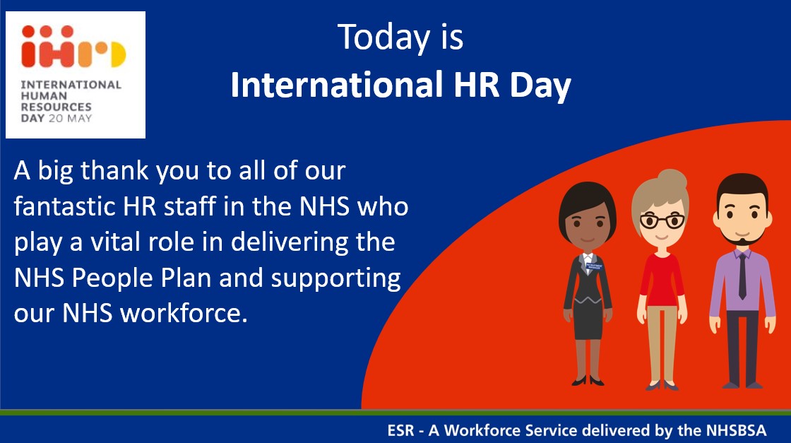 nhsesr's tweet photo. 20th May is International HR Day and to celebrate it we want to say thank you to the army of HR professionals that play a vital role in supporting the NHS &amp; its employees. Thank you for all that you do. #InternationalHRDay @people_nhs @NHSEmployers https://t.co/6ipFAmxzTJ