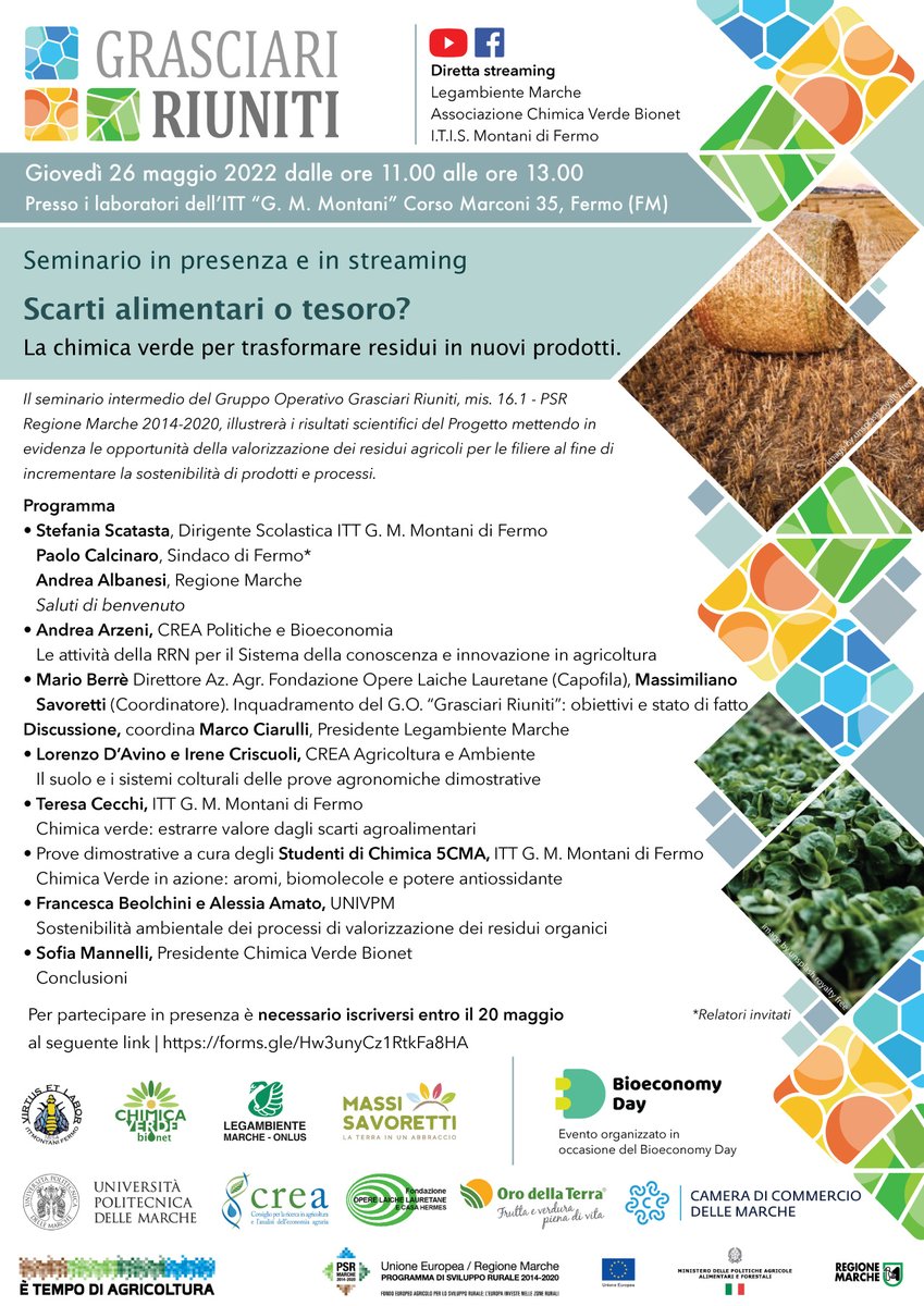 26 maggio 11.00-13.00 seminario live su facebook.com/chimicaverdebi…   e youtube.com/channel/UChcy8… 
"Scarti alimentari o tesoro? La chimica verde per trasformare residui in nuovi prodotti". Evento organizzato in occasione di #bioeconomyday.