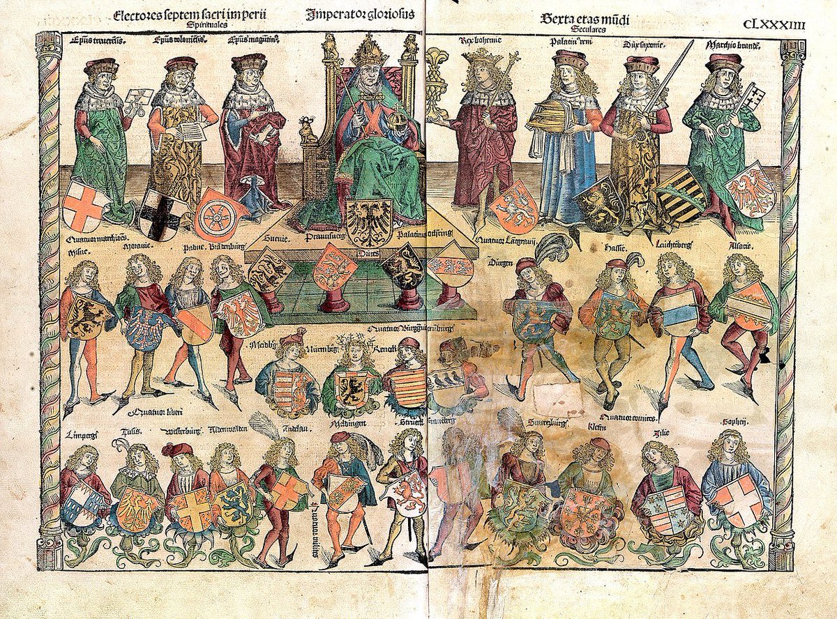 HREAssociation's tweet photo. An #illustration from #Schedelsche Weltchronik depicting the structure of the #Reich: The Holy Roman Emperor is sitting; on his right are three #ecclesiastics; on his left are four #secular electors. #HolyRomanEmpireAssociation #HolyRomanEmpire #HREA #HolyRomanEmperor https://t.co/i4WafBjrvI