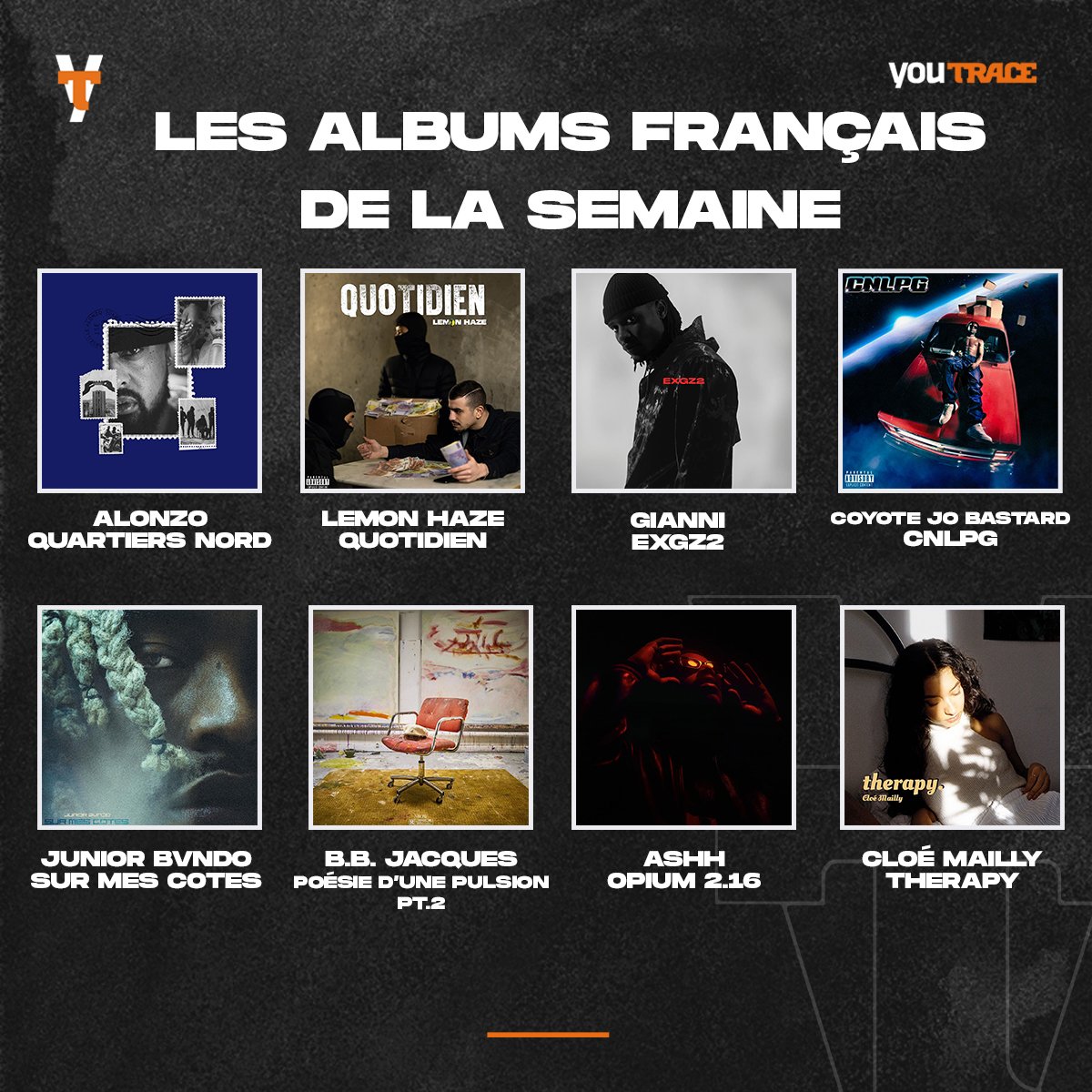💽💽💽 Découvrez les albums français sortis cette semaine !

- <a href="/Alonzopsy4/">Alonzo</a> - Quartiers Nord
- <a href="/HazeLemon92/">LA LEMON 🍋</a> - Quotidien
- <a href="/gianni_coffey/">Gianni</a> - EXGZ2
- <a href="/bastardjo_/">COYOTE JO BASTARD</a> - CNLPG
- <a href="/junior_bvndo/">j</a> - Sur Mes Cotes
- <a href="/bbjacquesactu/">ACTU | BB Jacques</a> - Poésie D'une Pulsion PT. 2
- <a href="/16poetic/">Ashh</a> - Opium 2.16