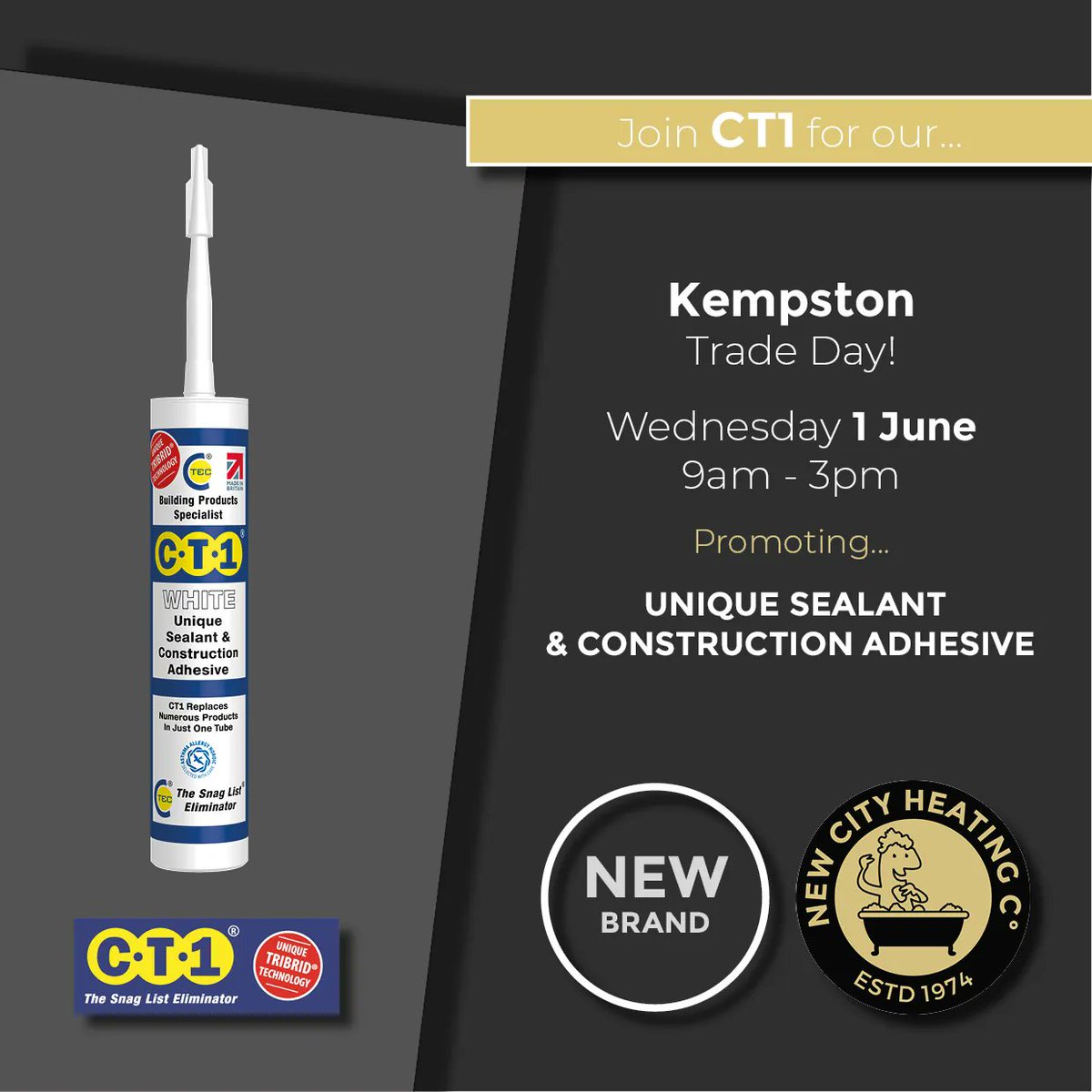 CT1 is a NEW brand to New City Heating 🙌🏻🔥

They will be attending our Kempston trade day to promote their unique sealant and construction adhesive.

Available in clear and white with built-in TRIBRID technology to ensure colour retention!

#newcityheating #CT1 #newbrand