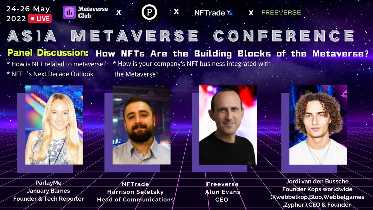 Metaverse_C1ub's tweet image. 📌#TopicPreview the Role of NFTs in the Metaverse

Moderator:
@january_diaries
Panelist:
@NFTradeOfficial
@alunthomasevans
@Kwebbelkop 

📅 Date: May 24- May 26 2022 ⏰

🚀 Ticket: lb.benchmarkemail.com//listbuilder/s…

📖 More Info: metaverse-club.net

#Metaverse #NFT