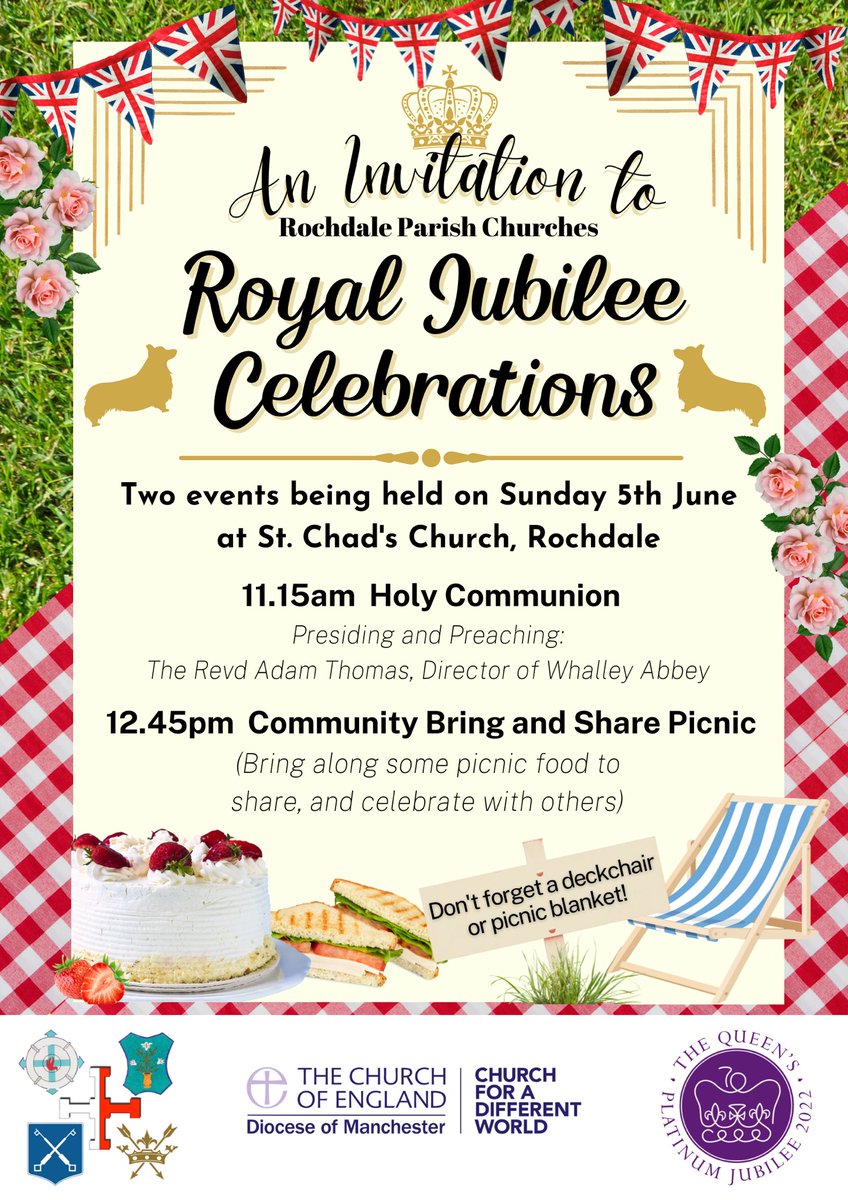 We’re getting Jubilee ready! Join us for a special day of celebrations @RochdaleStChads in worship and thanksgiving for our Queen, Elizabeth II. @RochdaleCouncil @whalleyabbey @RochdaleOnline @BishMiddleton @RochdaleNews @RoyalFamily #JubileeCelebration #Picnic #rochdale