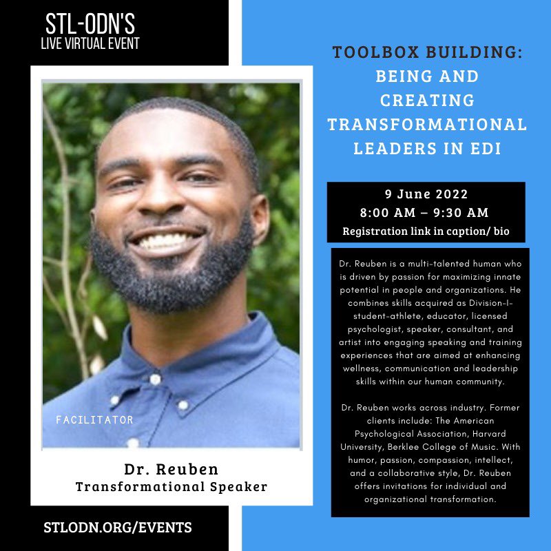 You're invited to join our VIRTUAL event on June 9th, 2022 – Toolbox Building: Being and Creating Transformational Leaders in EDI

➡️ Register at stlodn.org/event-4724368. 

Find out more and sign up at stlodn.org/joinus. 

#Learn #STLODN #network #organizationdevelopment