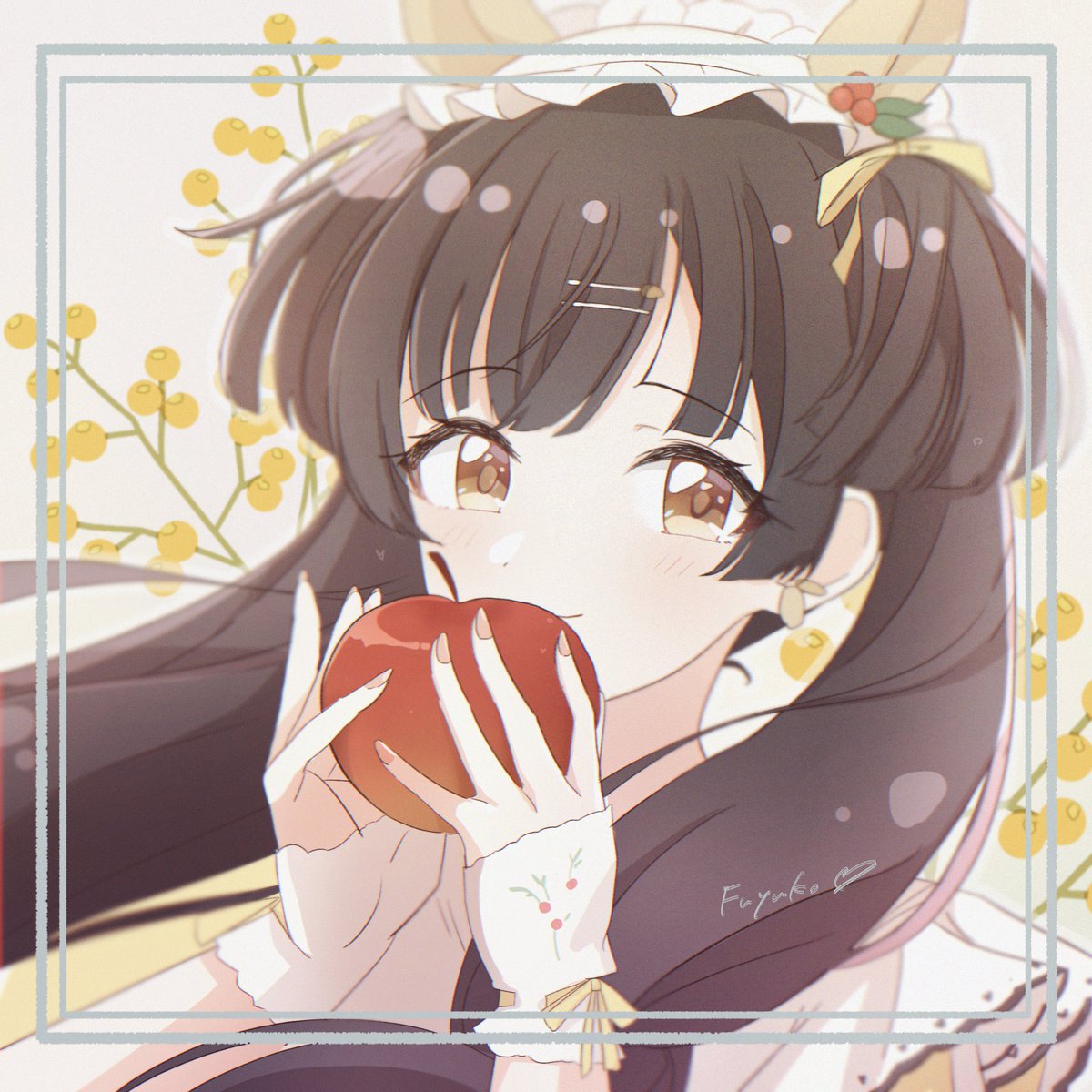 mayuzumi fuyuko 1girl solo fruit food apple holding food holding  illustration images