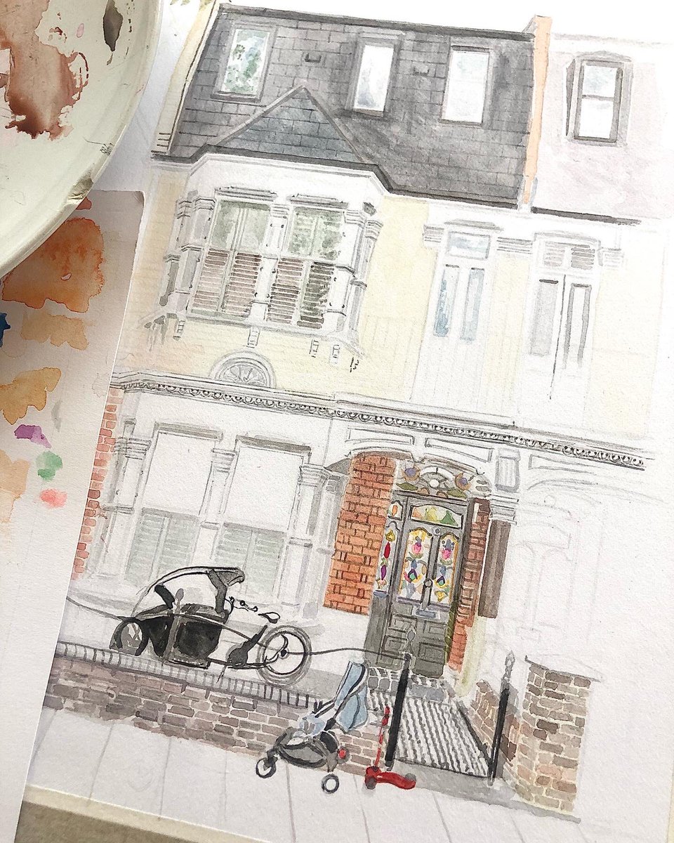 nickyjackart's tweet photo. Happy to have got this townhouse finished in time for the weekend .
#houseportrait #SW6 #property #illustration #watercolour #paintedmemory https://t.co/hBOHGw4xyq