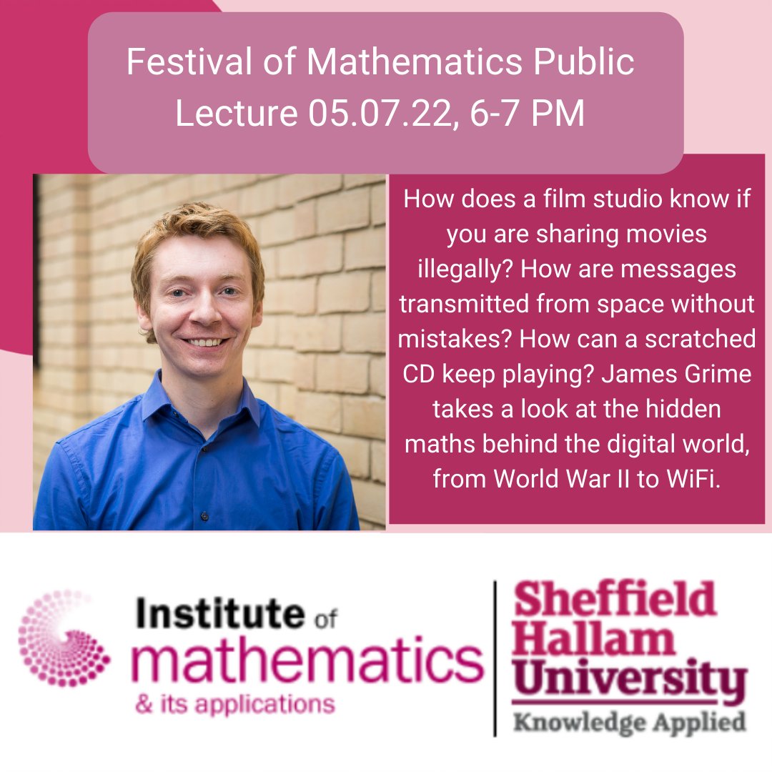 As part of the @IMAMaths Festival of Mathematics, @jamesgrime will be doing a public lecture at 6pm on Tuesday 5th July. This event is free and open to all. Book your place here: shuoutreach.com/ima-festival-o… #IMAFest22 @SHUOutreach
