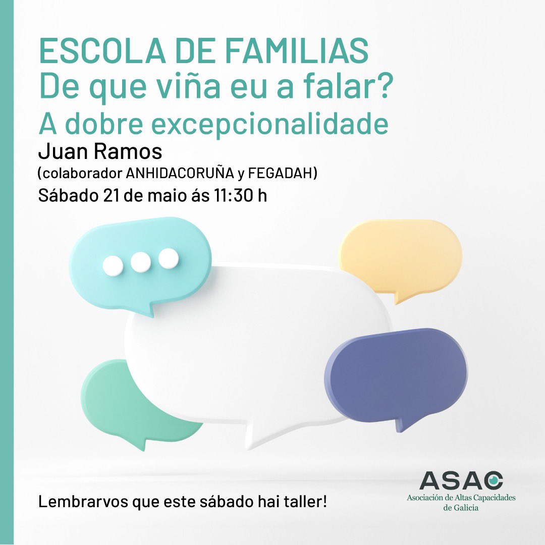 AsacGalicia's tweet photo. Este sábado 21 de maio teremos unha charla moi especial en Escola de Familias ASAC Galicia, na que contaremos coa colaboración de @AnhidaCoruna e FEGADAH. 
Recordámosvos tamén que o próximo sábado teremos talleres de Enriquécete na nube! no seu horario habitual https://t.co/PUnSOdBAjJ