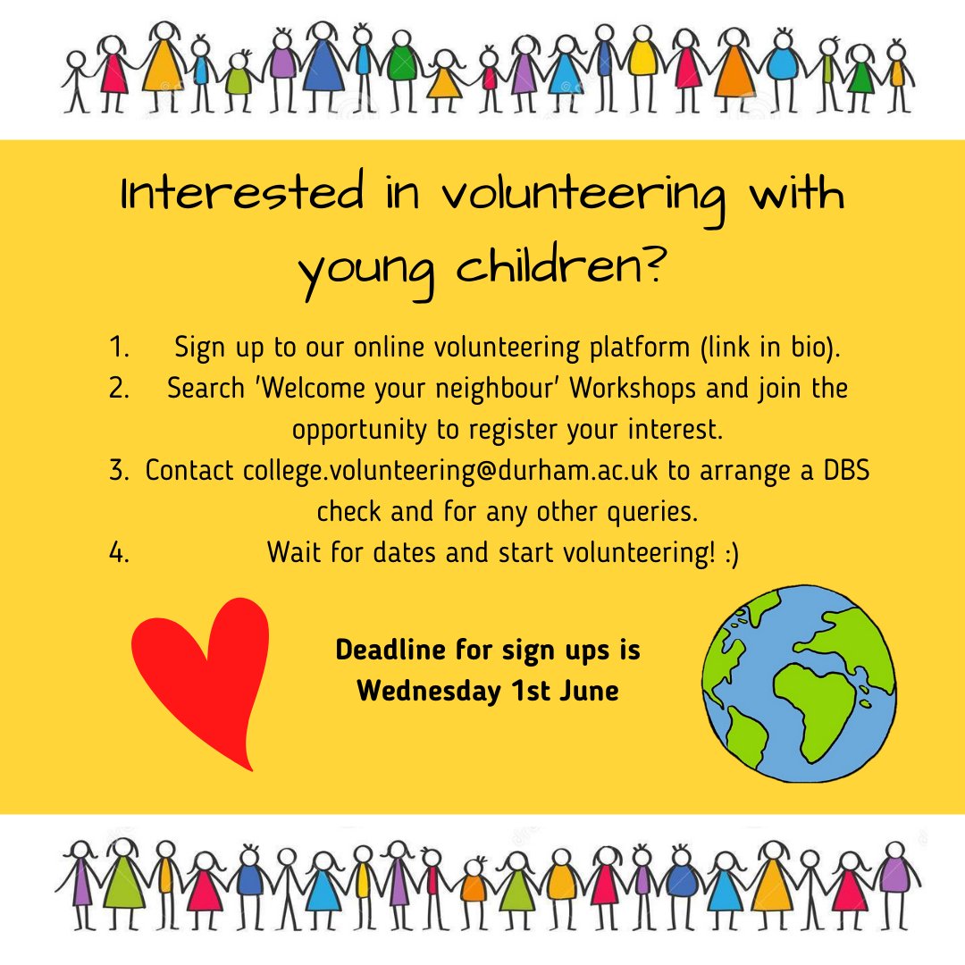 We are looking for student volunteers to get involved with a new project aiming to teach young children to welcome their neighbour and to treat people from different countries with kindnesss.
Sign up: …studentvolunteering.teamkinetic.co.uk/volunteers/opp…