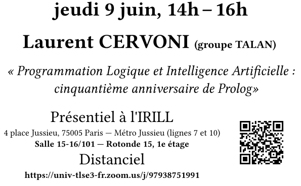 SemCodesSources's tweet photo. Prochaine séance du séminaire Codes Sources le 9 juin 22 à @irill, sur les 50 ans de #Prolog, avec @LaurentCervoni

Venez nombreux⋅ses ! https://t.co/kKjZxIIiYE
