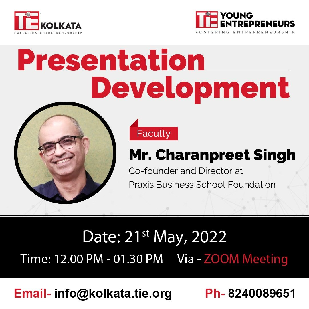 Praxis_Tweets's tweet photo. TYE Class on #PresentationDevelopment by Prof. Charanpreet Singh, Co-Founder & Director, Praxis Business School Foundation presented by @TiEKolkata on 21 May '22 from 12 noon to 1.30 pm.
#praxisbusinessschool #celebrateyourworth #TiEKolkata @Praxis_Tweets https://t.co/AXWYLqMRs0