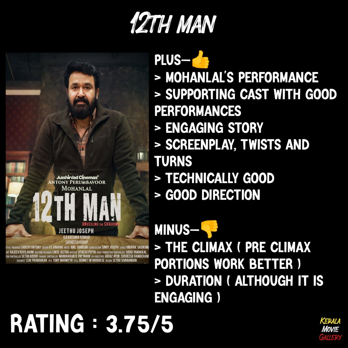 #12thMan Review 
A good engaging thriller 🙂❤️
A good gift for Lalettan's birthday 
...
#12thManOnDisneyPlusHotstar #Mohanlal #Unnimukundan #anusithara #JeethuJoseph #anusree #LeonaLishoy #priyankanair #anumohan #saijukurup #aditiravi #shivada