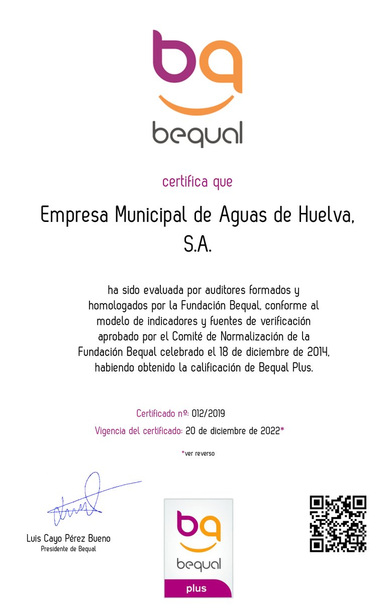 AguasDeHuelva's tweet photo. Nuestro director de Recursos Humanos Jose Manuel Márquez, y la directora de Sostenibilidad e Innovación, Natividad Moya, han recibido la renovación del sello @FBequal que acredita el grado de compromiso #BequalPlus  de nuestra empresa en materia de #RSC, #Igualdad e #Inclusión https://t.co/CiIXc7BxKH