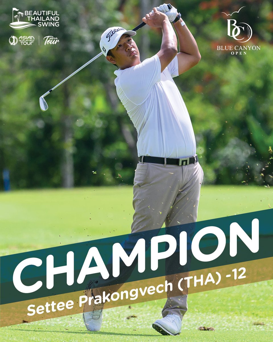 Settee Prakongvech wins the Blue Canyon Open! 
That makes the final #BeautifulThailandSwing win count...<a href="/ADT_golf/">AsianDevelopmentTour</a> = 3  <a href="/theMENATour/">MENA Tour</a> = 1 
Thanks <a href="/BlueCanyonCC/">Blue Canyon Country Club</a>, <a href="/LagunaGolfHKT/">Laguna Golf Phuket</a>, <a href="/AngsanaHotels/">Angsana Hotels</a> at <a href="/LagunaPhuket/">Laguna Phuket</a>. That was EPIC! 
📷 Jason Butler/gbgimages.com