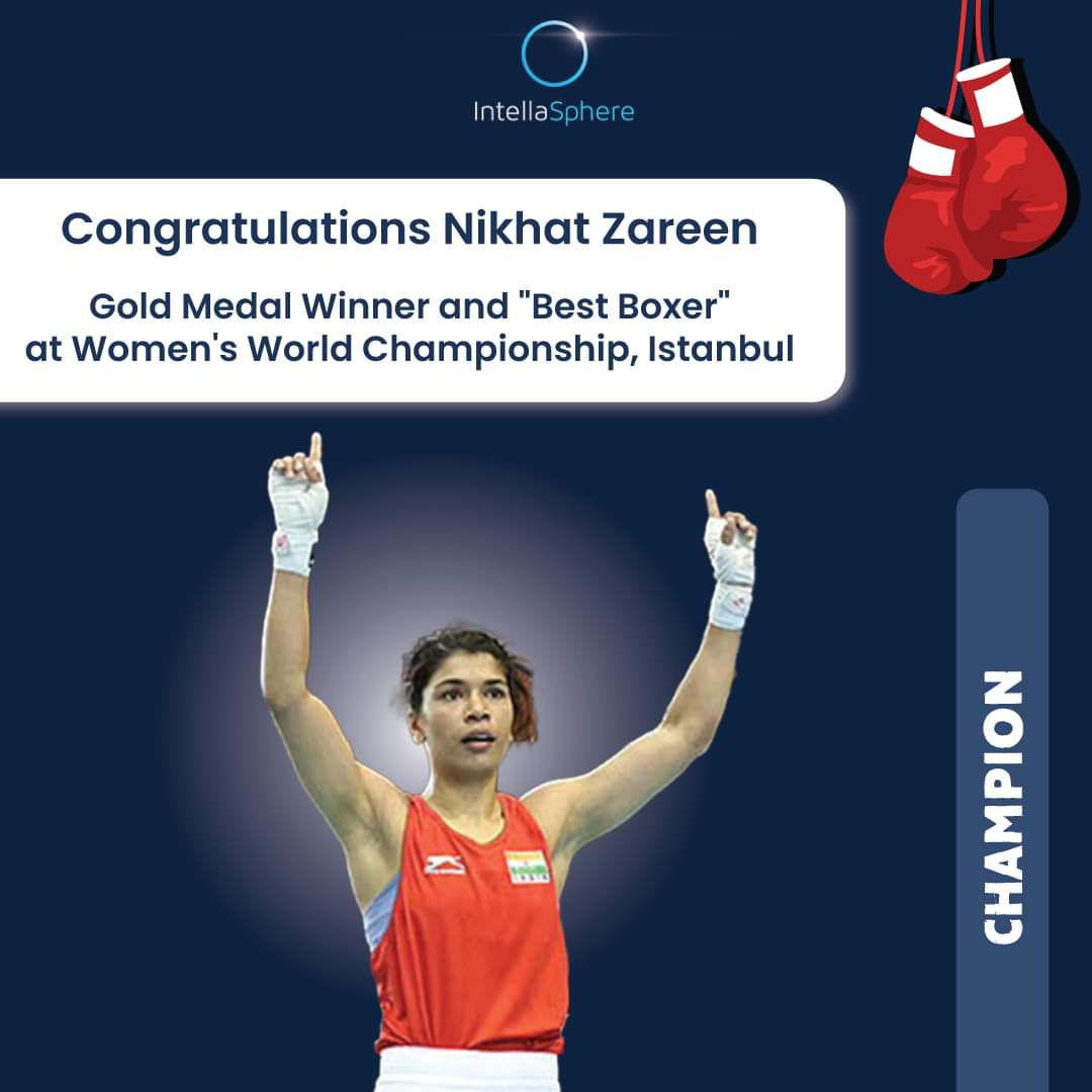 Intella_India's tweet photo. Congratulations Nizamabad Champion Nikhat Zareen for winning Gold medal and "Best Boxer" award at World Women's Championship, Istanbul.

We are Proud of you! @nikhat_zareen

#nikhatzareen #nikhatzareentelangana #boxing #congratulations  #telangana #nizamabad #intellasphereindia https://t.co/KfxsNCVLjq