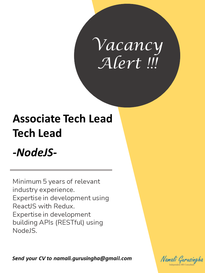 Opportunity for Tech Leads / Associate Tech Leads (NodeJS) for a leading organization in Sri Lanka serving clients across the world.

Send your CV to namali.gurusingha@gmail.com

DM for more information

#nodejs #nodejsdevelopers #react #aws #reactjs #redux #aws #azure