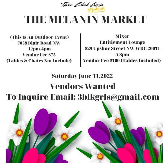 The second Melanin Market for the season will be June 11th. We are looking for vendors for both day an evening markets. If you are interested in vending please send an email to 3blkgrls@gmail.com 
.
#DMV #BlackBusiness #PopupShop #SupportLocalBusiness #MelaninMarket