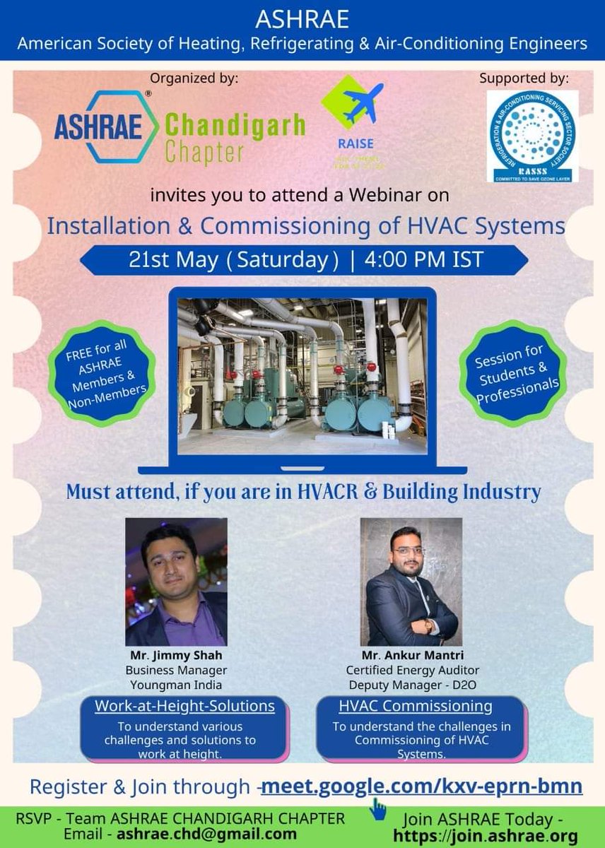 ASHRAECHANDIGA2's tweet photo. ASHRAE CHANDIGARH CHAPTER is organizing the next session (online) under Knowledge Series on
21st May 2022 (Saturday) at
4:00 PM IST

 Joining Link-
https://t.co/9cUk7h0o3R

#myashrae @ashraenews @ASHRAE_RAL @ASHRAE_Journal https://t.co/YEe2e24tBy