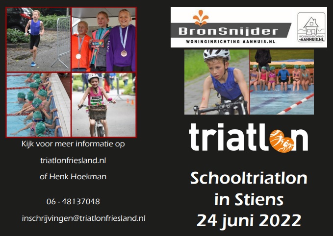 Schrijf je nu in voor de school triatlon: triatlonfriesland.nl 
17 juni is er een oefenmoment om te kijken of het bij je past!
Als je kan zwemmen, fietsen en hardlopen? Dan kun je meedoen!
