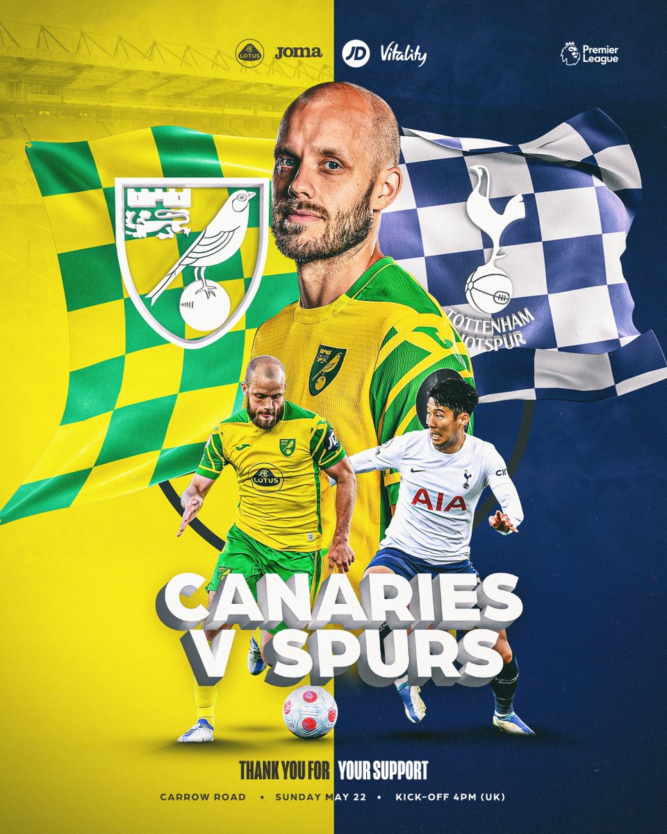 NorwichCityFC's tweet photo. 𝗠𝗔𝗧𝗖𝗛𝗗𝗔𝗬

🆚 @SpursOfficial 
🏟 Carrow Road
🕓 4pm UK
🏆 @premierleague 38/38
📻 https://t.co/haNDlYWTyN

#NCFC | #NORTOT https://t.co/KsGmXSruCb