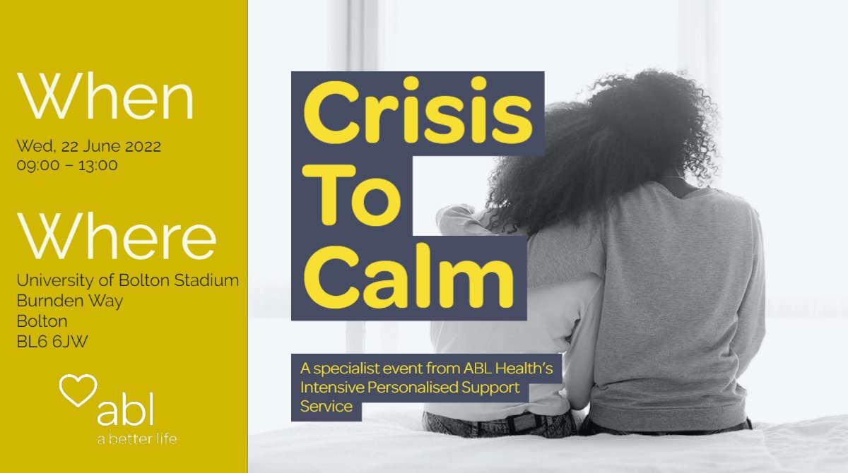 ABLHealth's tweet photo. ABL Health, Intensive Personalised Support Service are excited to announce that we we will hosting a specialist event, Crisis to Calm on Wednesday 22nd June. 

For more information and to sign-up please visit: https://t.co/heoPiwiMKU https://t.co/bWkogYw0lQ