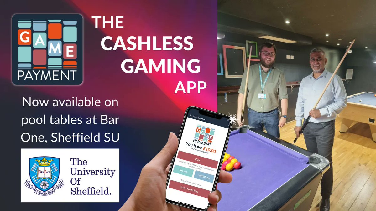 gamepaymenttech's tweet photo. Fancy a game of pool? You can now use the #GamePayment app to play on pool tables in Bar One, @SheffieldSU. Find out where else you can use the app here: https://t.co/qJMp9WitZj #cashless #gaming #amusements #pooltable #jukebox https://t.co/1ah0N6fiU9