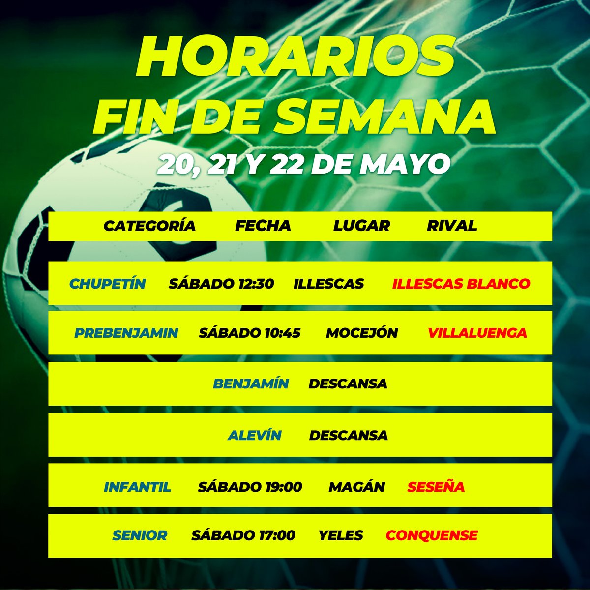 adyeles's tweet photo. Os dejamos por aquí los horarios de nuestros equipos para este fin de semana 💪🏻💚⚽
#VamosVerdes https://t.co/ZoSZ6yoLij
