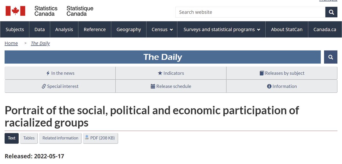 New report by <a href="/StatsCanada/">Stats_Canada</a> offering a brief portrait of the social, political and economic participation of racialized groups www150.statcan.gc.ca/n1/daily-quoti…
