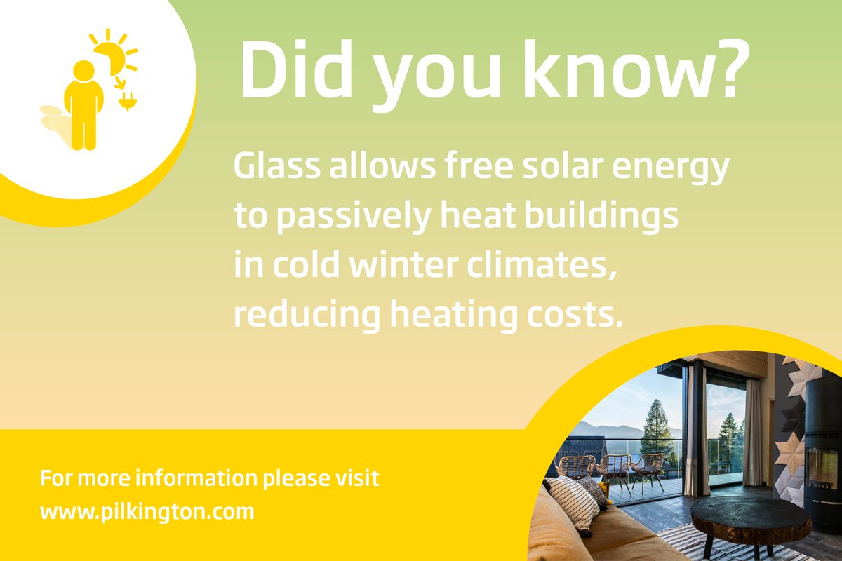 𝗚𝗹𝗮𝘀𝘀 &amp; 𝗦𝘂𝘀𝘁𝗮𝗶𝗻𝗮𝗯𝗶𝗹𝗶𝘁𝘆
Did you know that glass allows free solar energy to passively heat buildings in cold winter climates, reducing heating costs❓💡🤔

#glass #glassindustry #sustainability #pilkington #inlovewithglass #iyog2022 #solarenergy #Buildings https://t.co/wqIzfxcIux