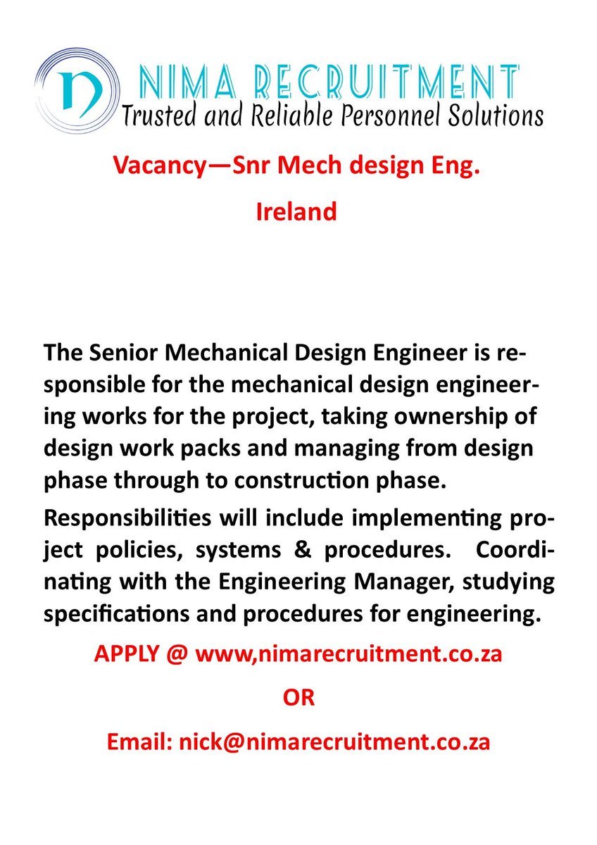 NimaRecruitment's tweet photo. VACANCY - SNR MECHANICAL DESIGN ENGINEER - IRELAND
APPLY HERE - https://t.co/VtlECjWDwV
#vacancy #mechanical #designengineer #irelandjobs #pharmajobs #mechanicalengineer https://t.co/6D8khWPXtv