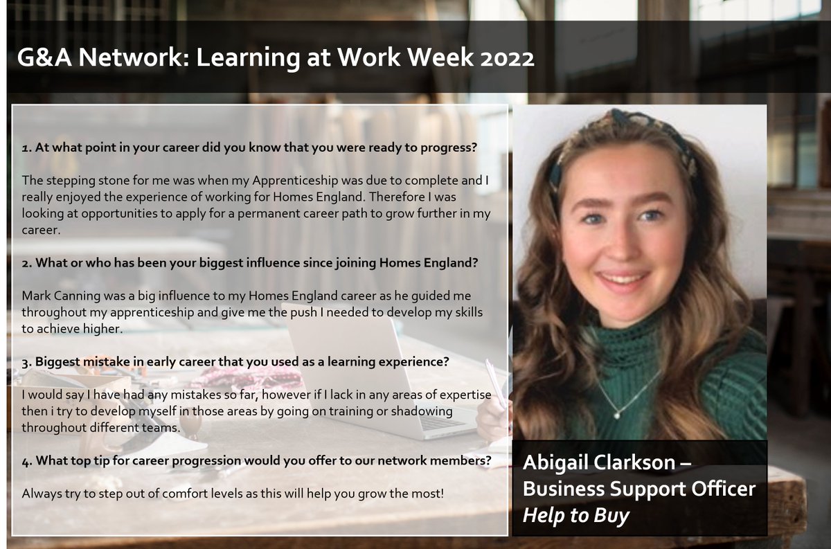 We are closing off learning at work week with two more profiles celebrating our amazing colleagues!

The first comes from Abigail Clarkson a Business Support Officer in the Help to Buy Team. Abi shares her top tips and biggest influences at the agency! 🌟

#LearningAtWorkWeek