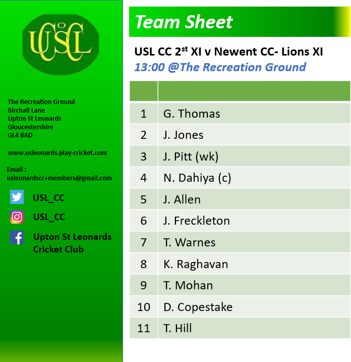 USL CC 2nd XI team to face @NewentCricket Lions IX at the Recreation Ground