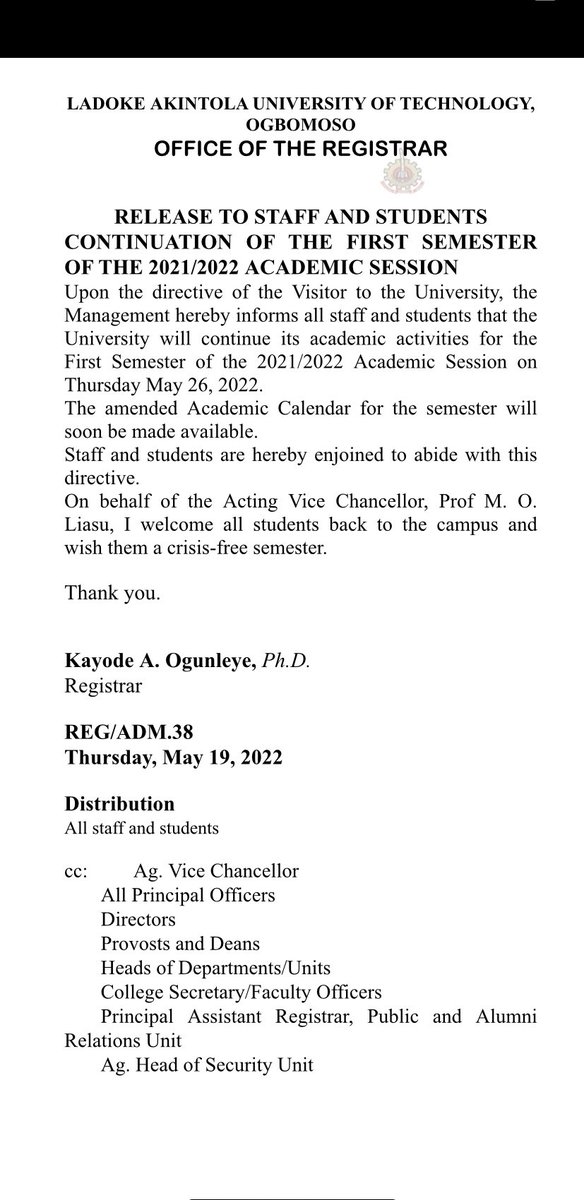 theanuadeboye's tweet photo. Happy Resumption Ladokites

The Consultations, Consolidations and Peaceful Protest was not in vain. Dare to Struggle, Dare to Win

Kudos to all ever gallant LAUTECH comrades. History will never forget you all.

#ENDASUUSTRIKE #RescueLAUTECH https://t.co/JgkRyqYhY0