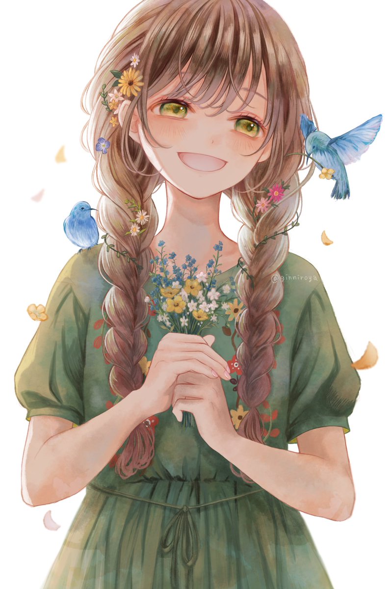 1girl flower braid twin braids dress bird smile  illustration images