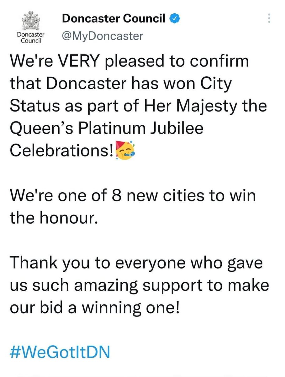 RotherRadio's tweet image. Well Done Donny!
Doncaster has achieved City status.

#Doncaster