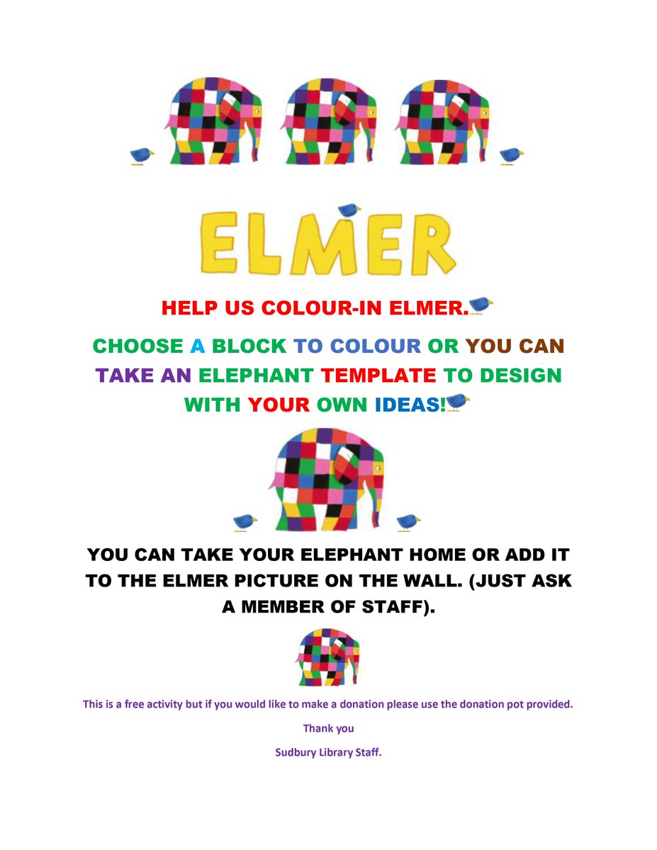 SudburyLibrary's tweet photo. We're getting ready to celebrate Elmer Weekend next weekend - 28th and 29th May 2022! Come along and help us colour in Elmer, and take part in crafts, activities and games at Sudbury Library!

 #elmer #elmerday #crafts #familyfun #kidsevents #childrenslibrary  #suffolklibraries https://t.co/BmfKpCZGsd