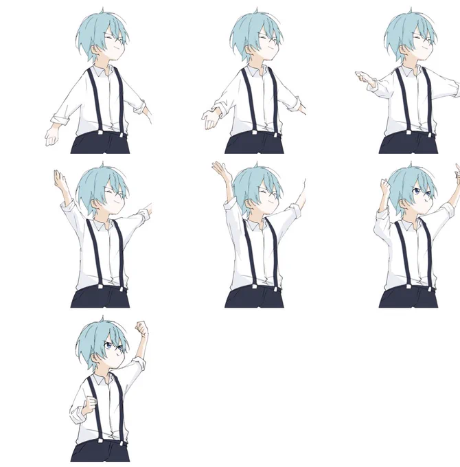 手を上げるちょっとしたアニメーションはこんな感じで描いて作った
たった7枚でつくれる
もっと滑らかにしたかったら間にもっと枚数を足すんだけど
本当にアニメ作ってる人すごい

口は動画のレイヤー分けて合わせてる 
